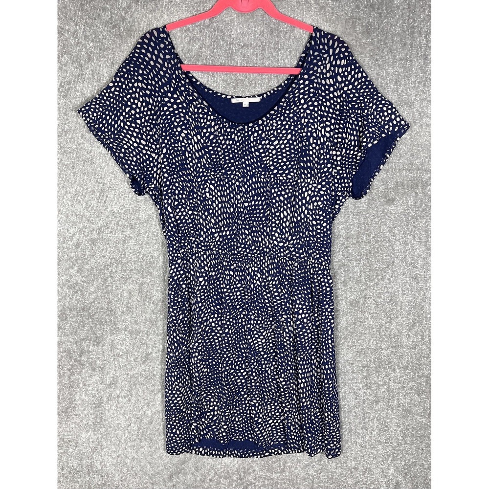 Gap Dress Womens Size L Blue Tan Geometric Stretch Flutter Sleeve Elastic Waist